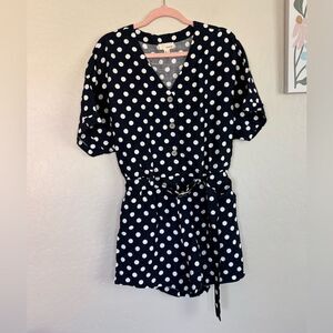 Anthropologie The Korner Blue White Polka Dot Short Sleeve Belted Romper Small
